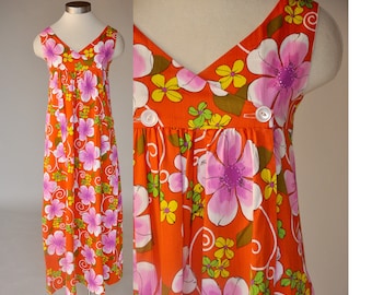 SALE 60s Hawaiian dress | vintage orange floral maxi dress | high waist, sleeveless