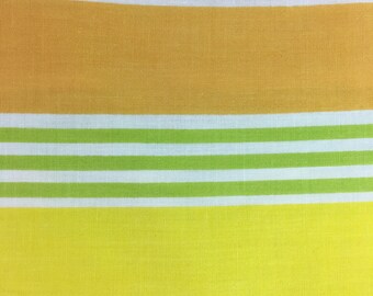 Vintage Sheet Fabric / 82x94 / gold, white, yellow and green stripe / reclaimed fabric / quilting / sewing / poly cotton