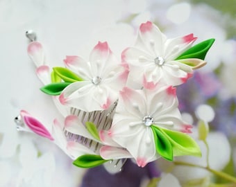 Pink White Cherry Blossom Silk Hand Dyed Flower Kanzashi Comb Made To Order