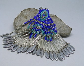 Navy, turquoise and silver beadwoven earrings
