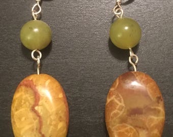 Jasper and Jade Tone Stone Dangle Earrings w/ silver findings