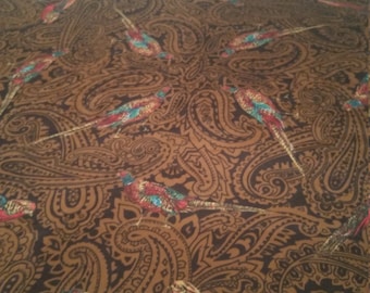 Gorgeous and Huge Vintage Scarf with Pheasant Design in Black and Brown Paisley Free Shipping