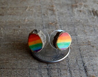 Rainbow Rustic Holly Twig Wooden Stud Earrings by Tanja Sova