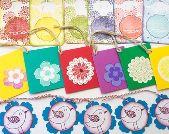 18 Handmade gift tags - set of gift tags - all occasion tags - Bright Floral Gft tags, flower gift tags - colorful tags - bird gift tags