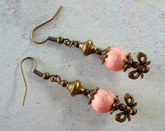 Light Pink and Brass Bow Earrings (4175)