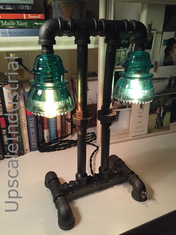 Steampunk Lamp /Industrial lighting / Pipe Lighting / Pipe Lamp / Glass Insulator Light / Steampunk Lighting / Bankers Lamp