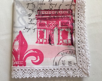 Ladies Handkerchief, Parisian print, Pink handkerchief, Fleur de Lis, Paris Handkerchief