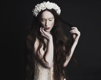 Cream velvet flower crown, flower garland, Lana Del Ray, wedding headpiece, nature inspired, vintage inspired, rustic rose, love.