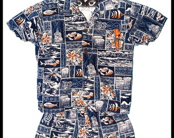 Boys Rockabilly Vintage Tiki Pinup Girl Shirt & Shorts Set....size 2