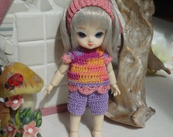 Crochet clothes for 5 inch Ai Jun Planning BJD doll Capri Pants Top Headband Pink Purple Yellow
