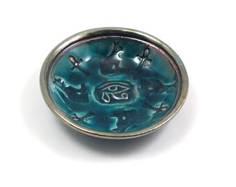 Raku Egyptian Bast Cat Goddess and Ankh and Eye of Horus Offering Bowl Pottery