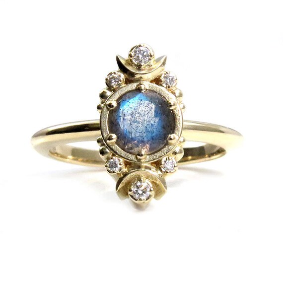 Gold Moon Ring - Labradorite and Diamond Engagement Ring with Tiny Crescent Moons