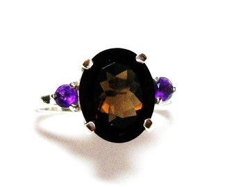 Smokey quartz, quartz amethyst, anniversary, 3 stone ring, brown purple, s 7 1/2 "Smouldering"