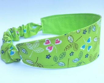 Happy Leaves Headband, Reversible Headband, Polka Dot Headband, Lime Green Head Band, Hair Wrap, Nature Headband, Stocking Stuffer for Women