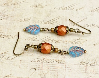 Aqua Earrings, Copper Earrings, Blue Leaf Earrings, Copper Bronze Earrings, Czech Glass Beads, Rustic Earrings, Copper Blue Earrings, Gifts