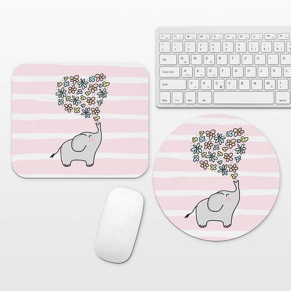 Elephant Mouse Pad Round Rectangle Cute Mouse Pad Elephant Mousepad Striped Pink Mouse Pad Animal Mouse Pad Heart Flowers Floral Desk Decor