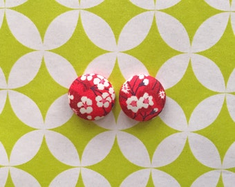 Fabric Covered Button Earrings / Wholesale Jewelry / Cherry Blossoms / Stud Earrings / Small Gifts / Liberty of London / Handmade Jewellry