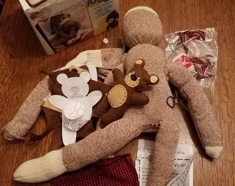 Red Heel Sock Monkey Kit with Teddy Bear half done