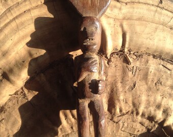 Vintage curly tailed Guatemalan Highland Maya monkey slingshot carved wood sculpture.