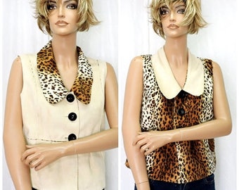 90s leopard print top / size M / reversible faux leopard vest / animal print top