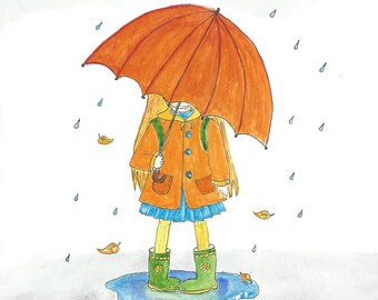 Postcard of Little girl with umbrella