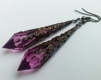 Gothic Purple Earrings , Purple Teardrop Earrings , Gunmetal Filigree Earrings , Gothic Earrings , Gothic Teardrop , Handmade Jewelry