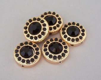 4 tiny black and gold 2 hole beads, SMALL round black two hole slider beads or 2 hole buttons, black and gold, 13mm (about 1/2 inch)