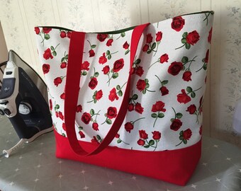 Red roses tote; large tote bag; rose tote; rose bag