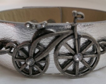 Bicycle with rhinestones leather wrap or cuff bracelet
