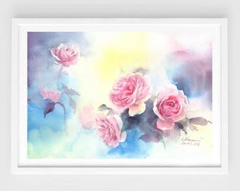Original flower watercolor,blooming roses,dream colors,original painting,8"3x11"8,aquarelle originale,garden,home decor