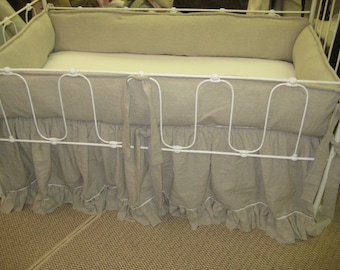 Washed Oatmeal Linen Crib Bedding-Torn Ruffle Cribskirt with Velvet Ribbon Trim and Tailored Bumpers