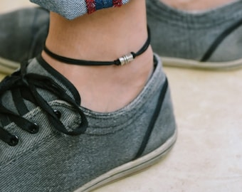Anklet for men, men's anklet with a silver tube charm and a black cord, anklet for men, gift for boyfriend, men's ankle bracelet, gift