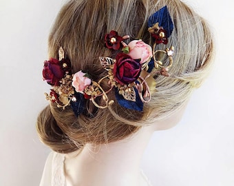 burgundy hair accessories, burgundy and navy, bridal headpiece, burgundy wedding hair flower, navy and gold, floral hair vine, hair clip