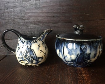 Meditating Skeletons Creamer & Sugar Bowl Set