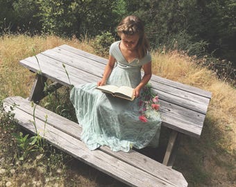 Song of Sagebrush with Seafoam Lace Long Infinity Convertible Wrap Twirl Dress~ Custom Choose any fabrics~ Flower girl, Birthday Dress