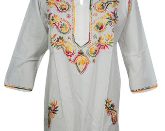 Ethnic Indian Tunic Blouse Cotton Floral Embroidered 3/4 Sleeves White Comfy Summer Style Top Dress S/M