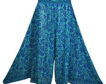 Floral Blue Vintage Silk Sari Split Maxi Skirt High Waist Wide Leg Gypsy Printed Flared Divided Long Skirts S/M