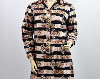 Vintage 1970's Stripy Floral Pattern Shift Midi Dress
