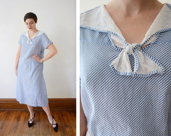 1920s Cotton Voile Blue Striped Day Dress - L