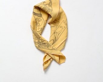 vintage western scarf, Made in USA yellow cowboy bandana
