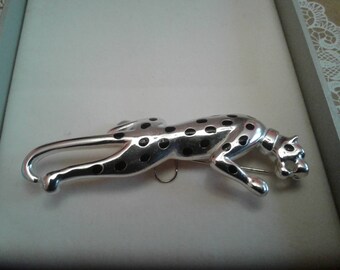 Carolee Silvertone Leopard Brooch with Black Enamel Spots, Signed