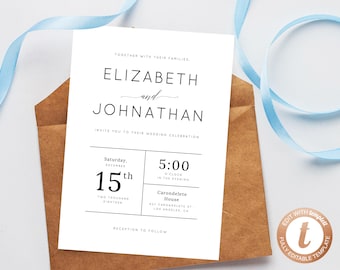 INSTANT DOWNLOAD Wedding invitation template, Printable Wedding Invitation Suite, Modern Simple Wedding Invitation Set, Templett, W02