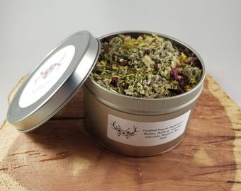 Anti-Anxiety Herbal Blend (16 oz. Tin): Certified Organic Mullein, Skullcap, Mugwort, Calendula, Rose Petals, Lavender