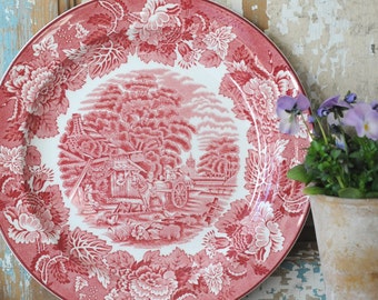 Pink transferware Dinnerplate - Enoch Woods English Scenery - Woods Ware. England Vintage. Pink Cottage Plate