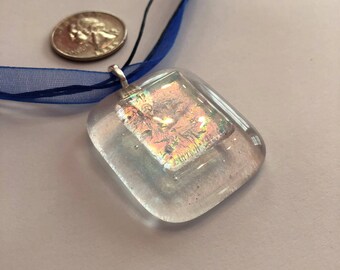 Fire and Ice Fused Glass Pendant, Rainbow Dircro on Clear