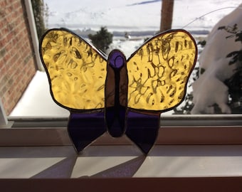Stained Glass Butterfly Sun Catcher Gold and Purple