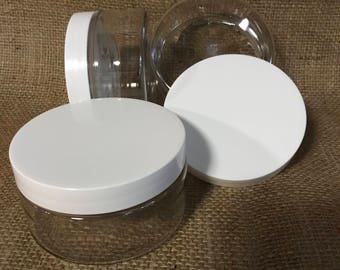 8oz Clear Plastic Jars PET Heavy Wall Low Profile Wide Mouth Jars with Lined White Plastic Lids, SET of 4