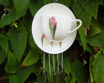 Bone China Tea Cup and Saucer Glass Windchime, Rose Suncatcher, Unique Wind Chimes, Stained Glass Yard Art, Original Garden Decor, Handmade