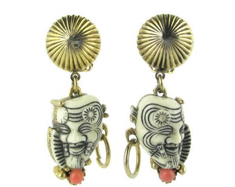 Vintage Selro white Okina (Hakushikijyo) Noh Mask Gold Tone Clip Earrings