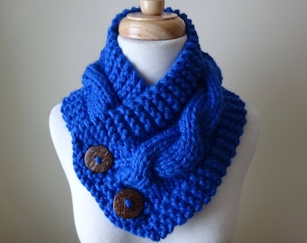 Knit Neck Warmer, Cable Knit Scarf, Chunky Warm Winter Scarf in Royal Blue 6" x 25" Coconut Shell Buttons Ready to Ship - Gift for Her